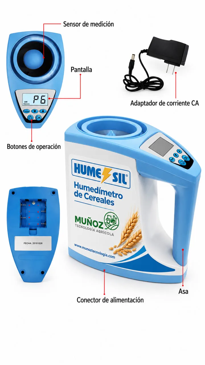 Partes, pantalla, sensor y alimentación del humedímetro de granos